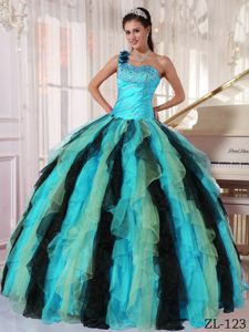 Multi-colored One Shoulder Organza Beaded Ruffled Quinceanera Dresses