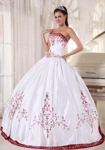 White And Wine Red Satin Quinceanera Gown Dresses with Embroidery