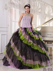 Multi-colored Organza Appliqued Beaded Quinceanera Dress with Ruffles