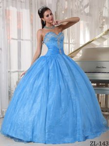Blue Sweetheart Taffeta and Organza Quinceanera Dress with Appliques