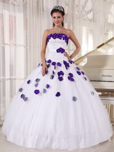 Unique White Tulle Beaded Quinceanera Dress with Hand Made Flowers