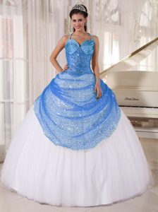 Blue and White Sequined Appliques Quince Dresses with Spaghetti Straps