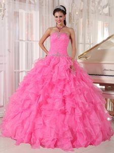 Luxurious Strapless Organza Beaded Quinceanera Gown Dresses in Pink