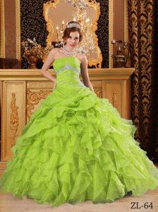 2015 Organza Beaded Ruffled Quinceanera Gown Dress in Yellow Green