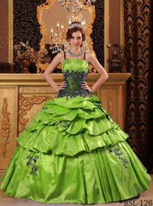 Yellow Green Taffeta Appliqued 2012 Quinceanera Dress with Pick-ups