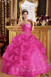 Strapless Organza Hot Pink Quinceanera Gown Dress with Embroidery