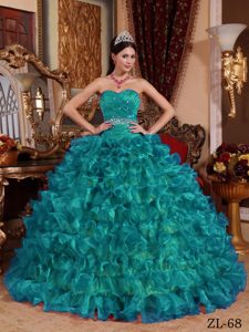 formal Teal Sweetheart Organza Quinceanera Gown Dress with Beading
