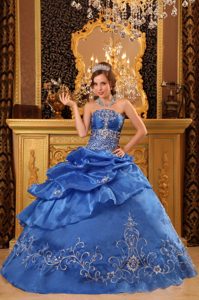Brand New Blue Strapless Organza Quinceanera Gown Dress with Beading
