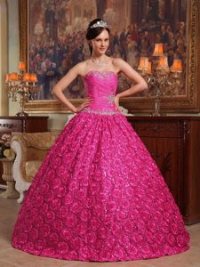 2015 Hot Pink Appliqued Quinceanera Gown Dress with Rolling Flowers