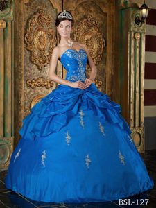Vintage Taffeta Appliqued Quinceanera Gown Dress in Blue with Pick-ups