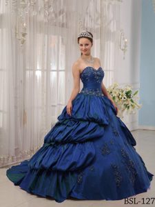 Blue Sweetheart Taffeta Appliqued Quinceanera Dresses with Court Train