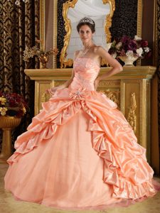 Unique Pink Taffeta and Tulle Beaded Quinceanera Gown with Pick-ups