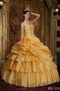 Dramatic Yellow Organza Quinceanera Dress with Beading and Pick-ups