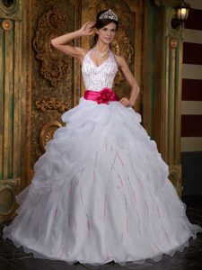 Halter White A-line Organza Beading Quinceanera Dress with Belt on Promotion