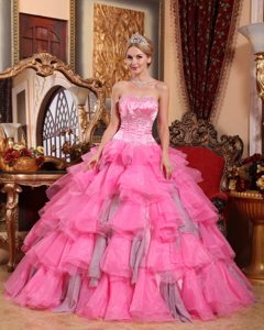 Low Price Strapless Pink Ball Gown Beading Sweet 15 Dresses with Ruffles