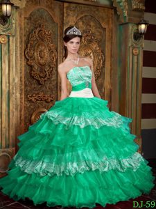 Strapless Green Zebra Print Organza Sweet 16 Dresses with Ruffled Layers