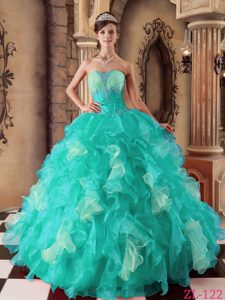 Green Strapless Organza Beading Appliques Quinceanera Dress with Ruffles
