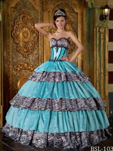 Luxurious Sweetheart Zebra Print Ruffled Layers Quinces Dresses in Turquoise