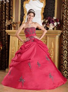 Coral Red Ball Gown Strapless Taffeta Embroidery Quinceanera Gown Dress