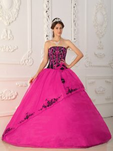 Strapless Fuchsia Satin and Organza Quinceanera Gown Dress with Appliques