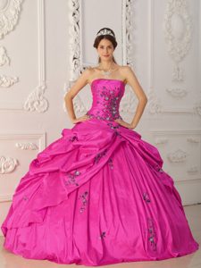 Strapless Taffeta Hot Pink Appliques Sweet 15 Dresses with Pick-ups and Beading