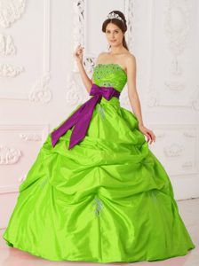 Lime Green Strapless Ball Gown Taffeta Beading and Sash Quinceanera Dress