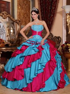 Strapless Taffeta Beading Quinceanera Gown Dress in Aqua Blue and Hot Pink