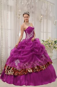 Fuchsia Ball Gown Sweetheart Leopard Print Appliques Quinceanera Dress