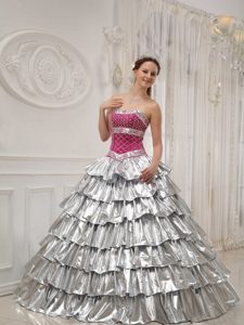 Popular A-line Strapless Beading Quince Dresses in Silver with Ruffled Layers