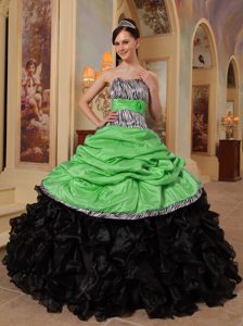 Zebra Print Strapless Green and Black Sweetheart Ruffled Quinceanera Gowns