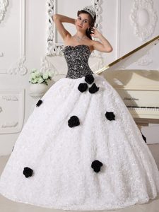 Sequins White and Black Strapless Rolling Flowers Sweet Sixteen Dresses