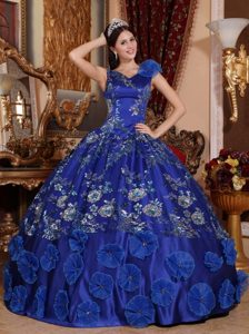 V-neck Blue Floor-length Satin Beading and Appliques Quinceanera Dresses