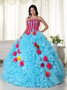 Strapless Aqua Blue Organza Beading Quince Dress with Handmade Flowers