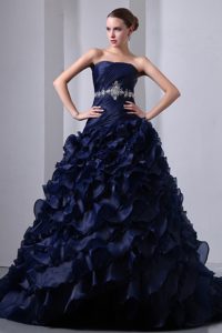 Navy Blue A-line Strapless Beading Belt Sweet 15 Dresses with Brush Train