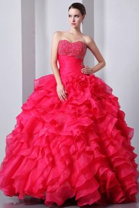 Coral Red Beading Sweetheart Organza Ruffles Quinceanea Gown Dresses