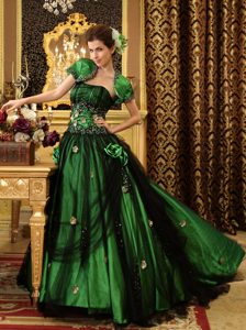 Green and Black A-line Strapless Sweet 15 Dresses with Hand Made Flowers