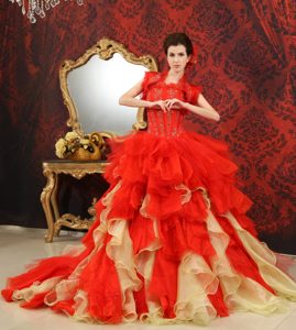 Amazing Strapless Beading Quinceanera Gowns in Red and Gold with Sweep Train