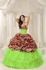 Custom Made Strapless Leopard Print Sweet 15 Dresses in Organza Spring Green