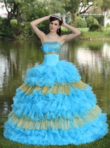 Beaded Aqua Blue and Yellow Strapless Sweet Quinceanera Dress for 2014
