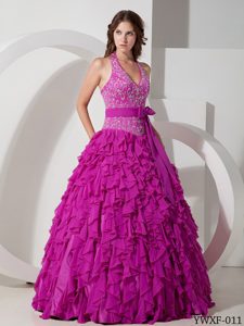 Discount Fuchsia Halter Top Chiffon Dress for Quince with Embroidery