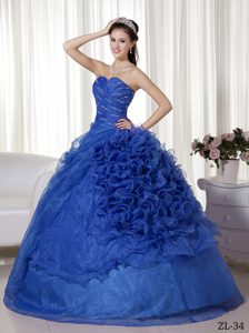 Organza Sweetheart Quince Dresses with Beading and Ruching in Blue