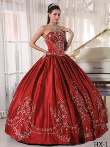 Strapless Satin Perfect Sweet Sixteen Dress in Rust Red with Embroidery