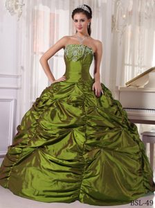 Low Price Strapless Taffeta Quince Dress with Embroidery in Olive Green