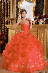 Affordable Orange Red Strapless Organza Quinces Dress with Embroidery