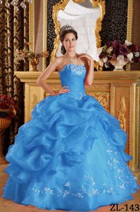 Strapless Organza Dress for Quinceanera in Aqua Blue with Embroidery