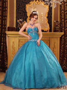 Sweetheart Organza Quinceanera Gown in Teal with Appliques on Sale