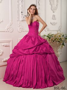 Sweetheart Beaded Taffeta Hot Pink Quinces Dresses for Wholesale Price
