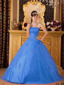 Princess Strapless Floor-length Tulle Cheap Quinces Dress with Appliques