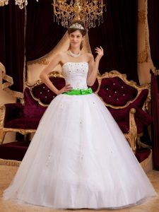 White Strapless Quinceanera Gown with Appliques and Green Bowknot on Sale