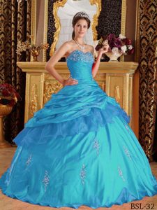 Aqua Blue Sweetheart Dress for Quinceanera with Pick-ups and Appliques on Sale